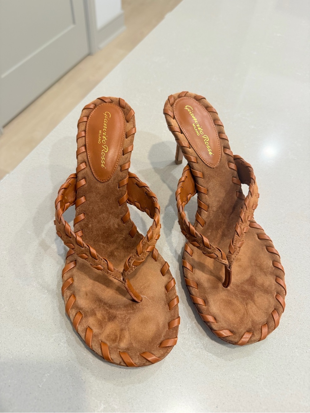 Gianvito Rossi Braided Brown Leather Thong Heels